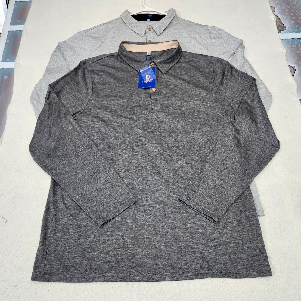 LOT OF 2 Pegeno Mens XL Long Sleeve Polo Shirts NWT Charcoal Light Gray Stretch